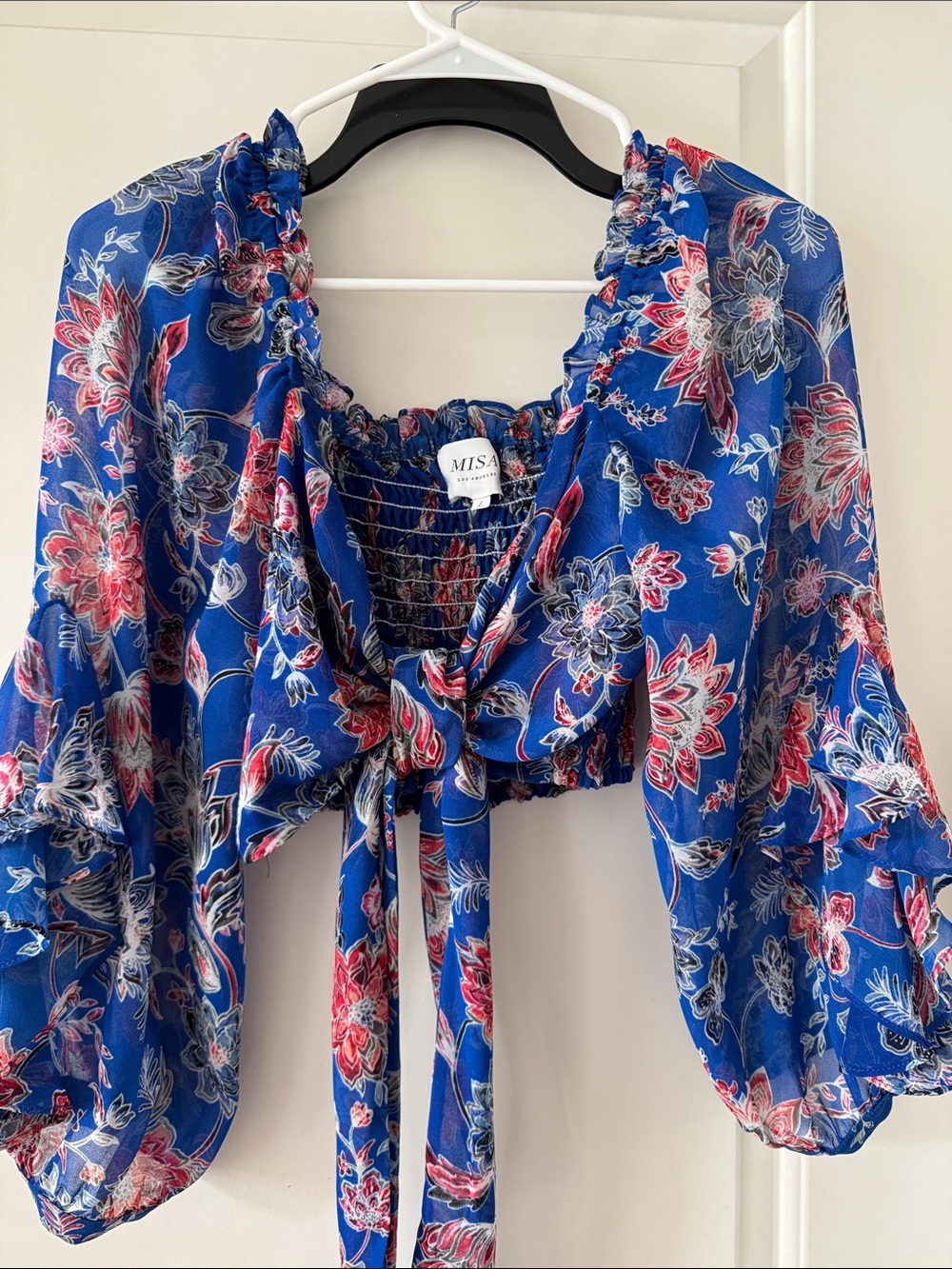 MISA Los Angeles Blue Floral Tie-Front Crop Top L